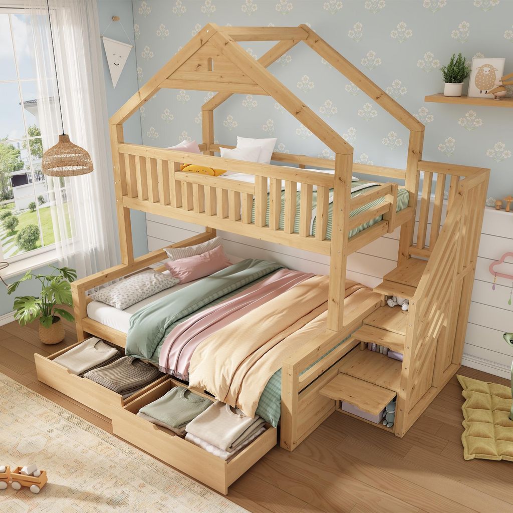 Kinder-Etagenbett 90x200 & 140x200 cm mit Giebeldach, Produktbild 