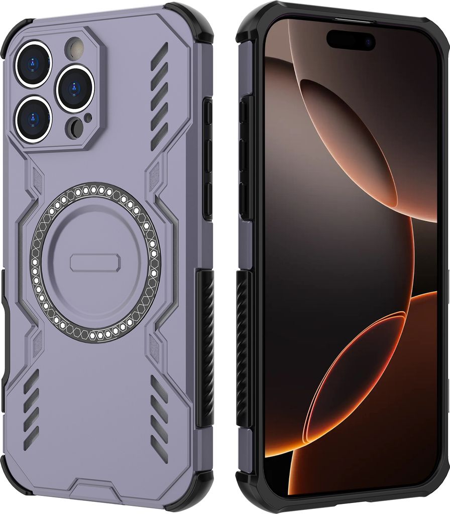 Magnetisch Hülle für iPhone 16 Pro Max, Hybrid PC TPU Bumper Stoßfestes Loch Wärmeableitung Handyhülle Lila