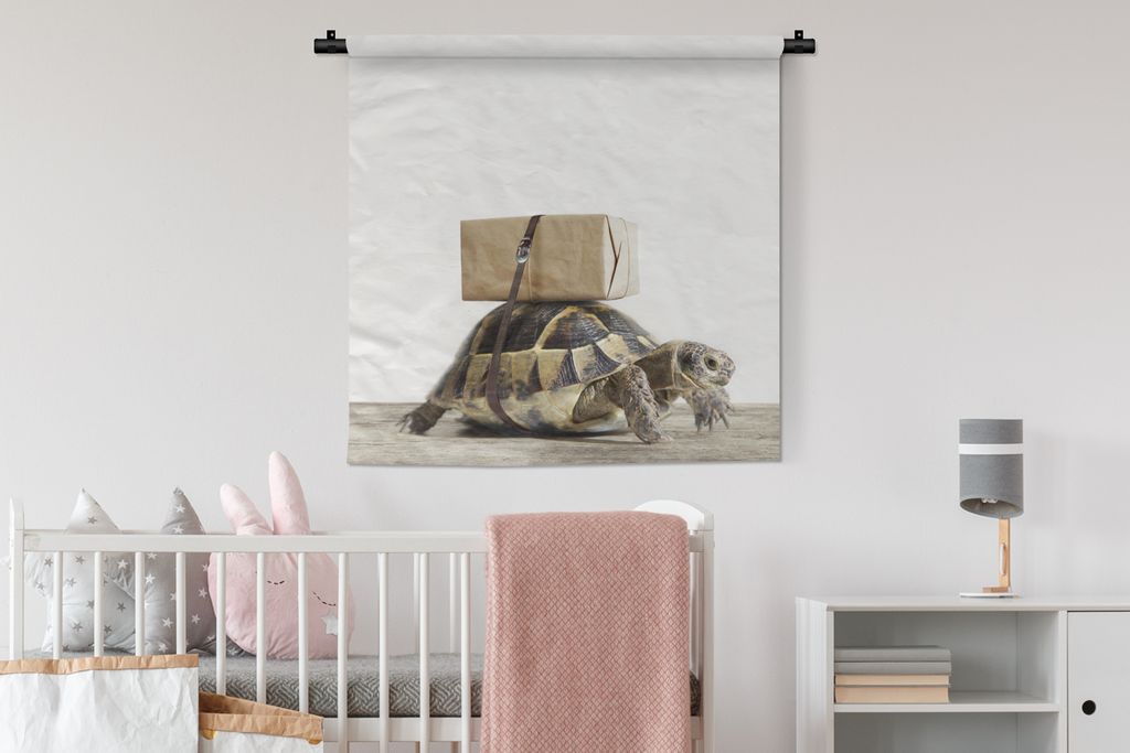 MuchoWow Wandteppich Wandbehang Schildkröte - Holz - Weiß - Jungen - Mädchen - Kinder 90x90 cm Tapisserie Dekoration Wandtuch - Wandaufhänger