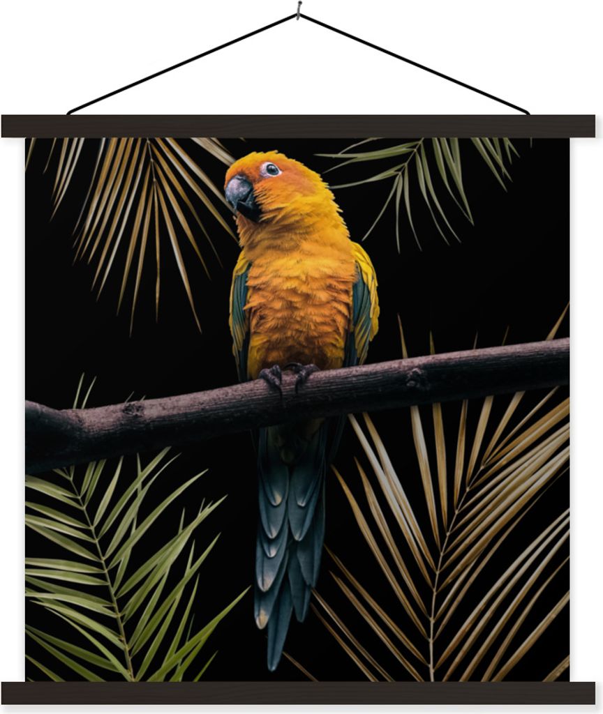 MuchoWow Textilposter Vogel - Papagei - Zweig - Blätter 60x60 cm mit schwarzem Rahmen - Posteraufhänger