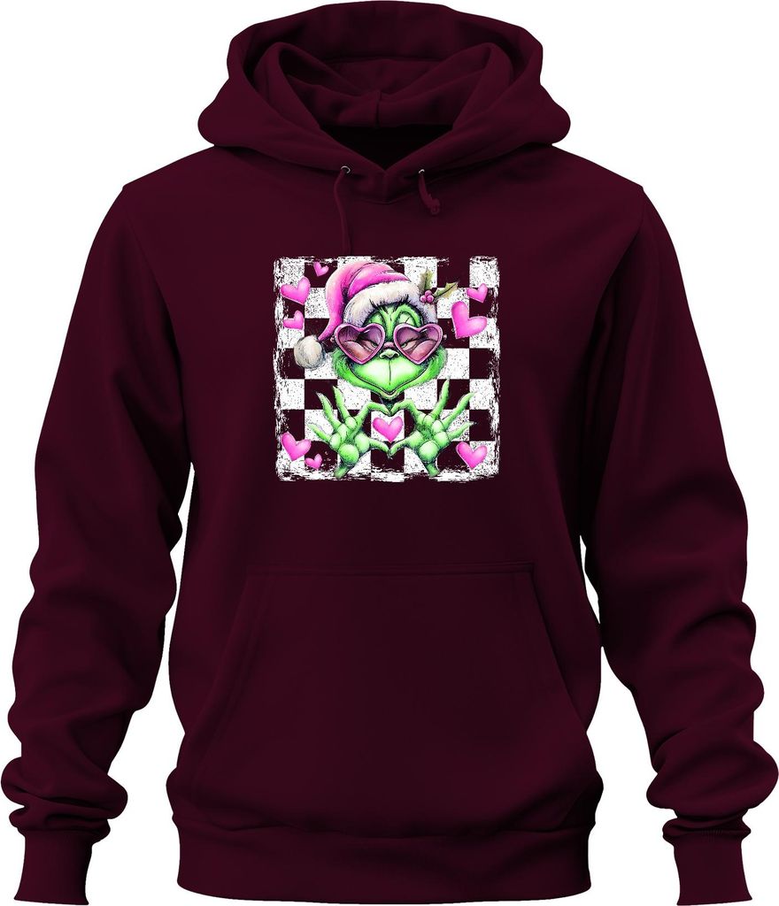 Grinch Herzbrille rosa Weihnachtshut Herzen Valentinstag Retro Uni Hoodie Kapuzenpullover, Burgundy, XXL