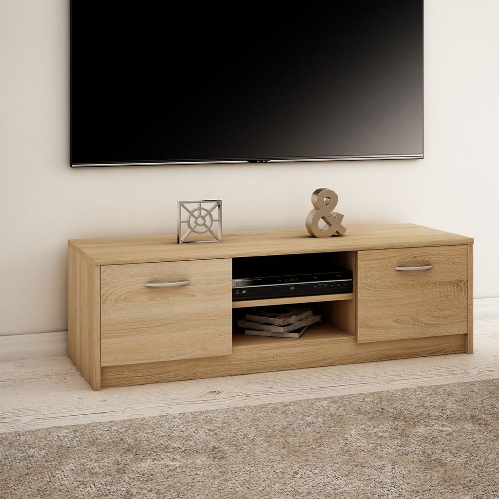 TV-Schrank 120cm breit Lowboard mit matter Oberfläche Fernsehtisch mit 2 Türen und 1 Regal, aus laminiertem Board sonoma