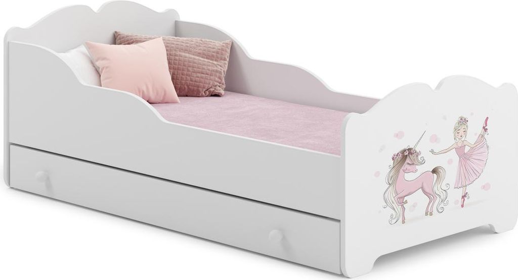 Kinderbett ANNA mit Schublade 140x70 – Mädchenbett Weiß, Einhorn-Motiv, inkl. Matratze und Montageanleitung, mit Stauraum und Sicherheitsbarriere
