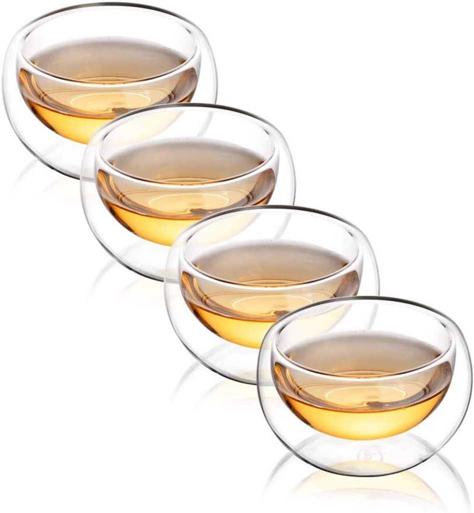 CNGLASS Teetassen-Set mit 4 doppelwandigen Teetassen, 100 ml, asiatische isolierte klare Teetassen, 100 ml, kleine Espressotasse für Kaffee