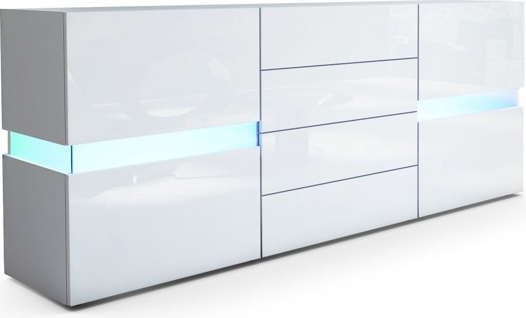 Vladon Sideboard Flow, Germany, Weiß matt/Weiß Hochglanz inkl. LED - Moderne Kommode mit Ambient Light Verglasung für Ihr Wohnbereich (177 x 75 ...