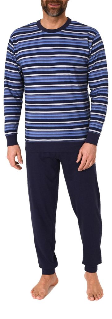 Normann Herren Schlafanzug lang mit Bündchen - Pyjama in Streifenoptik ; navy , 52
