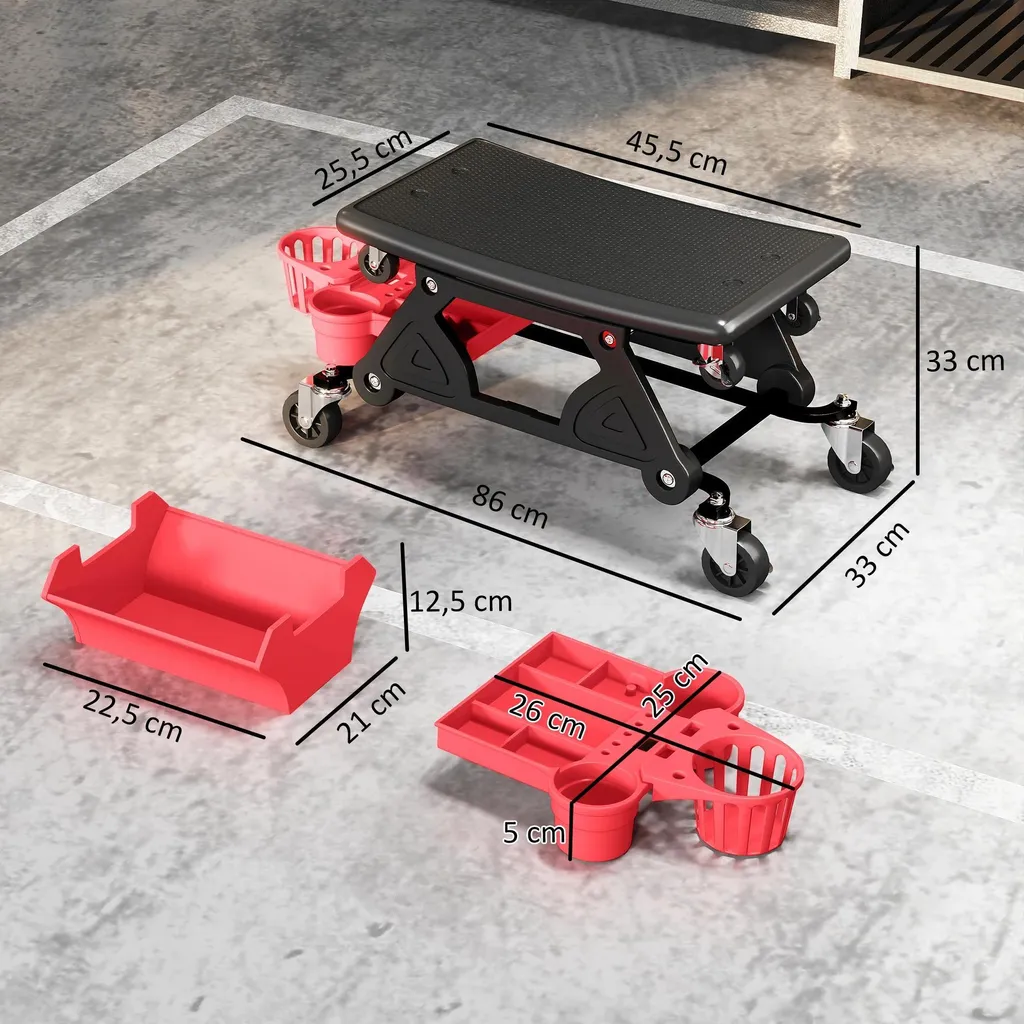 Tabouret de garage roulant pour mécanique avec support outils intégré - 3