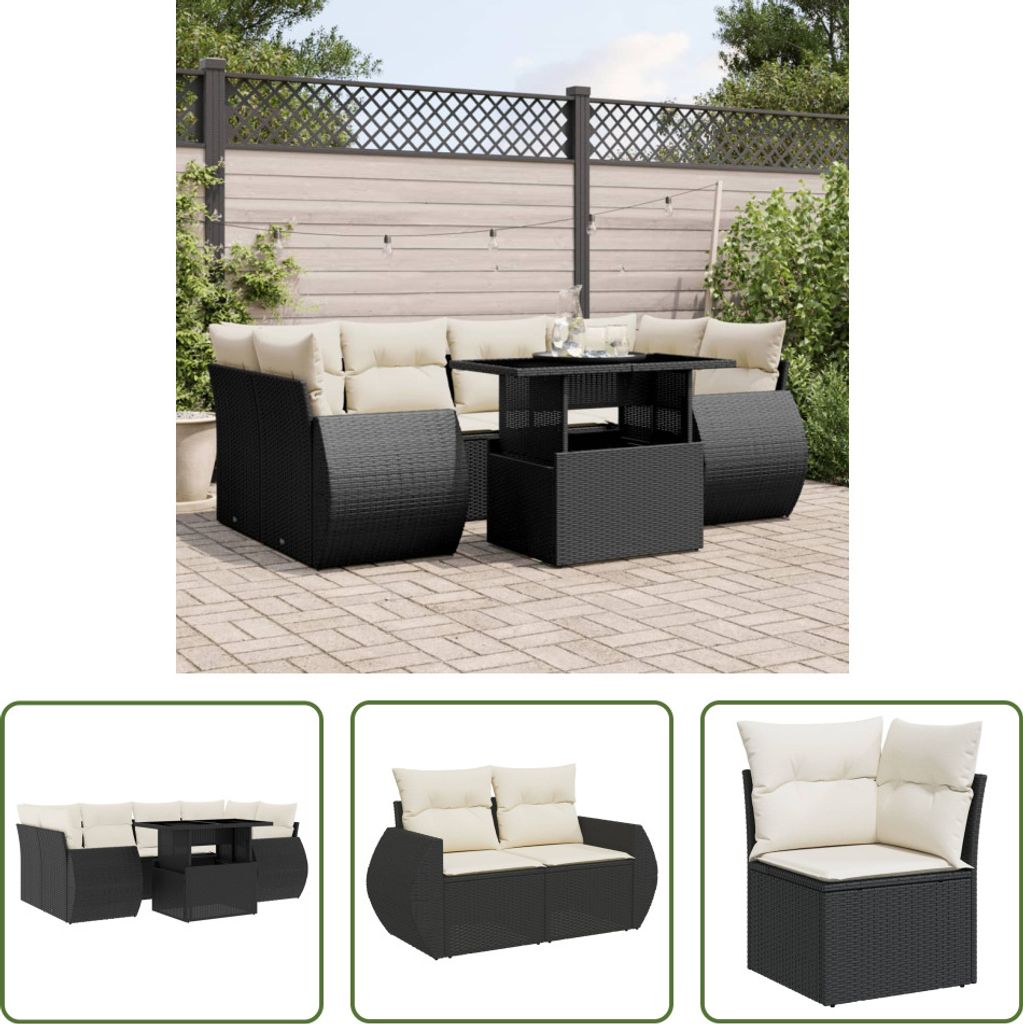 The Living Store 7-tlg. Garten-Sofagarnitur mit Kissen Schwarz Poly Rattan
