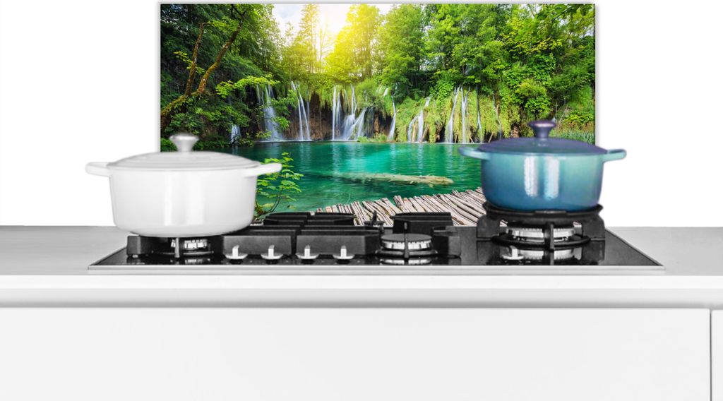 KitchenYeah Spritzschutz Küche - Küchenrückwand - Wandschutz für Herd und Spüle - Brücke - Wasserfall - Natur 70x30 - Alu-Dibond (Alternati...