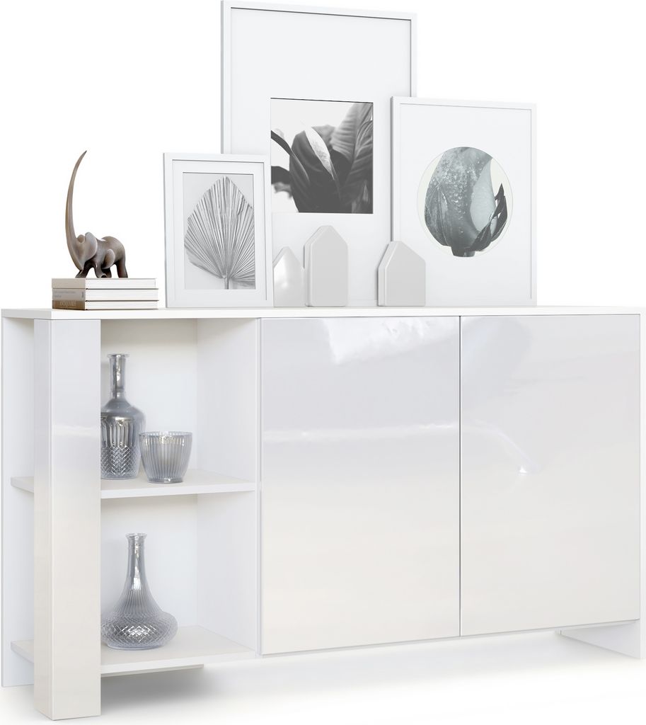 Vladon Sideboard Canto, Germany, lange Anrichte mit 2 Türen und 6 Fächern, Korpus Weiß matt, Fronten Weiß Hochglanz, Nachbildung-Paneele Weiß ...