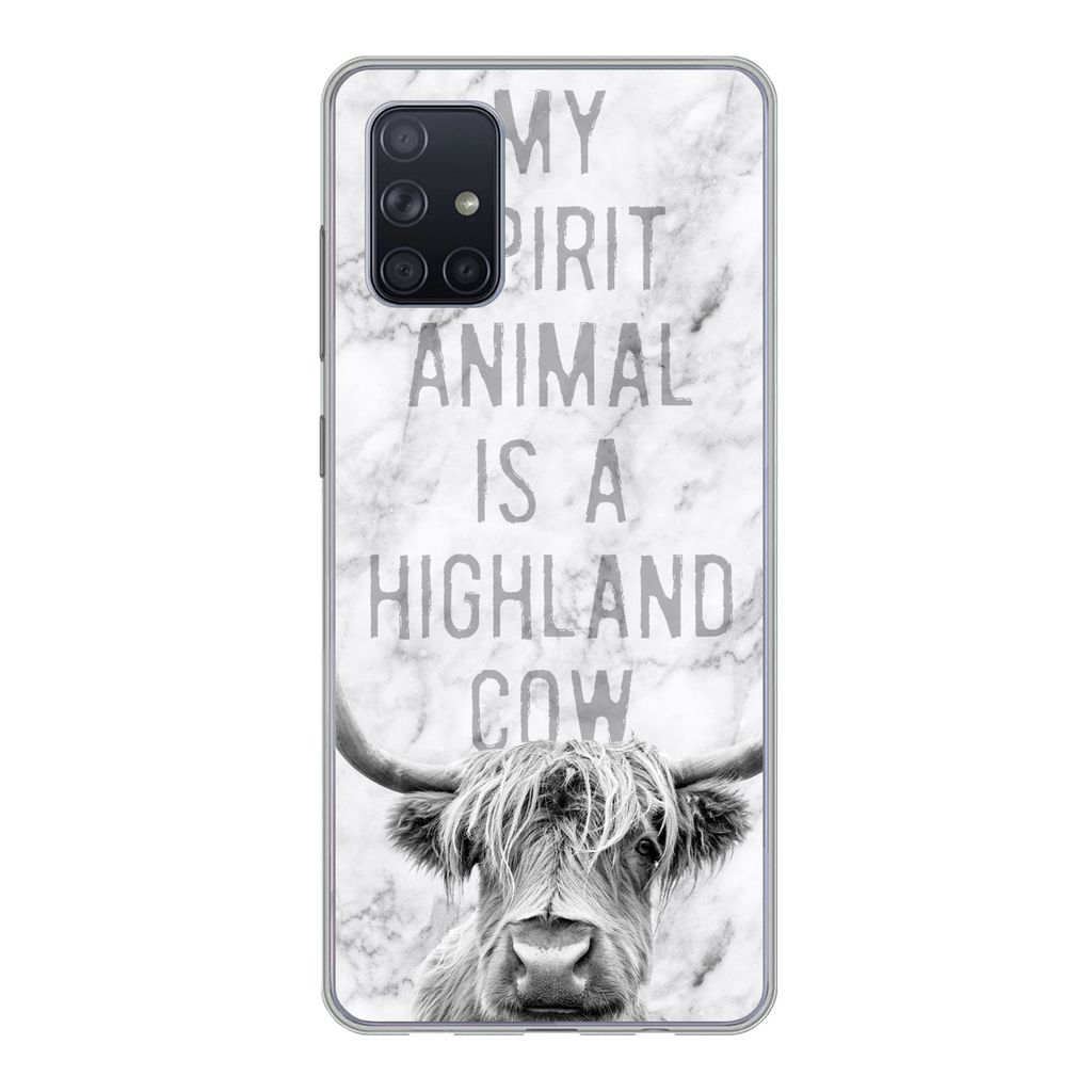 MuchoWow Handyhülle Schutzhülle Hülle für Samsung Galaxy A51 Schottischer Highlander - Marmor - Zitat Silikon Softcase Handy Hülle - Schutza...