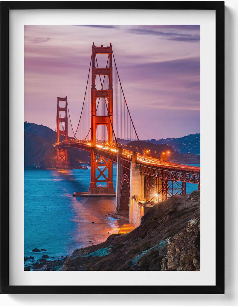 Golden Gate Bridge San Francisco– Wandbild mit Rahmen – Gerahmtes Bild – Wanddekoration – 60x80 cm – Schwarz Rahmen