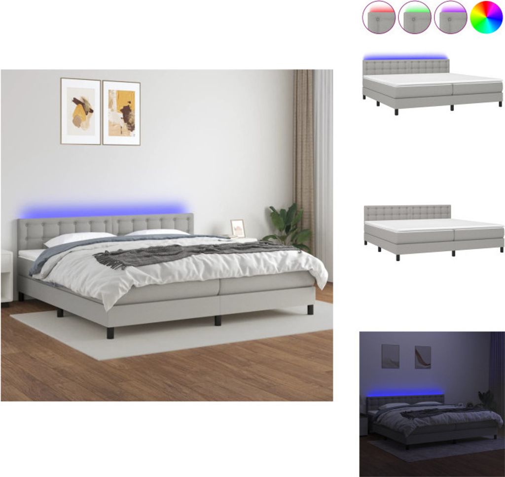 vidaXL Boxspringbett mit Matratze & LED Hellgrau 200x200 cm Stoff - Betten & Bettgestelle