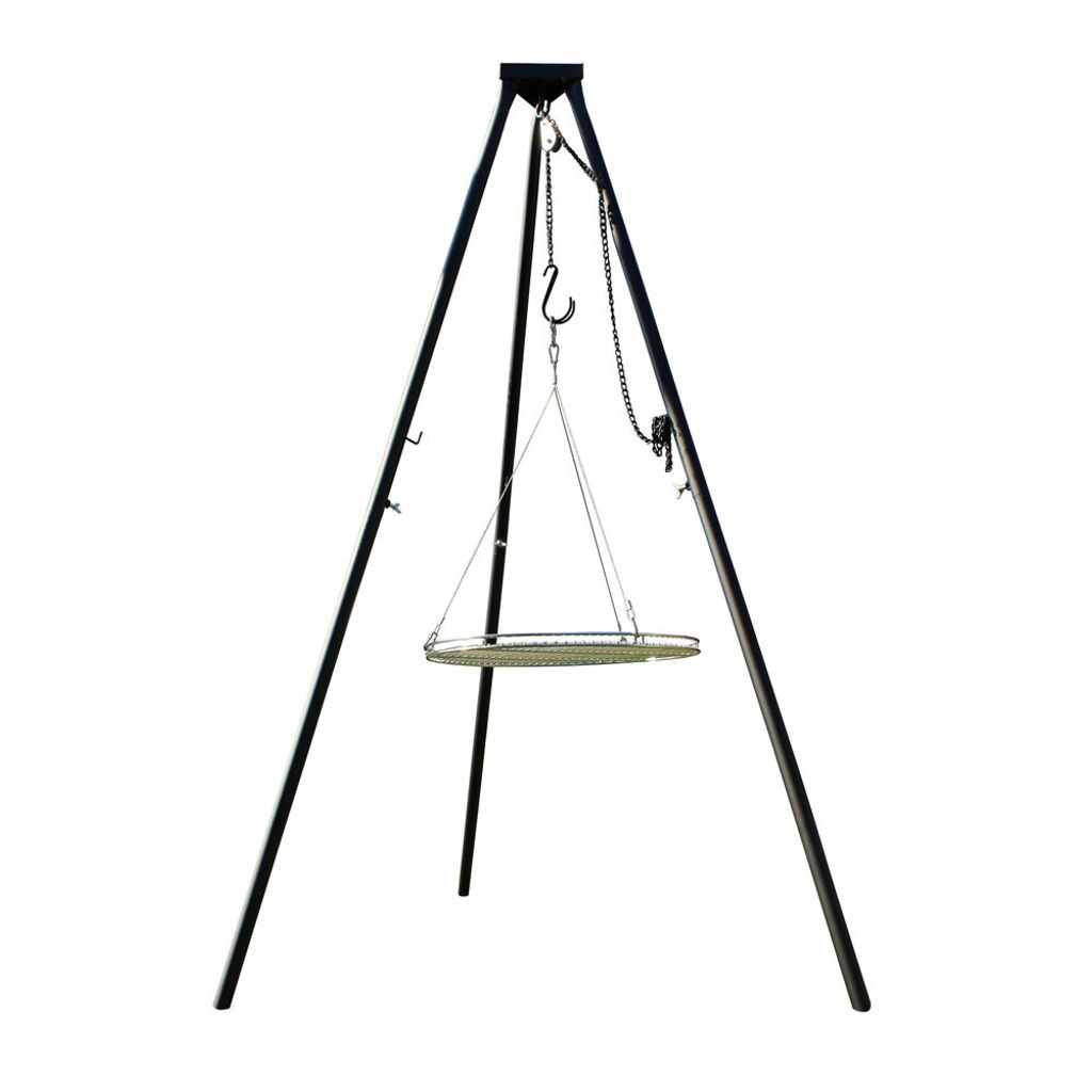 massives "Grillclub" Dreibein "Benny" (Höhe 180 cm) + Ø 70 cm Grillrost mit Seil aus EDELSTAHL Grill Schwenkgrill