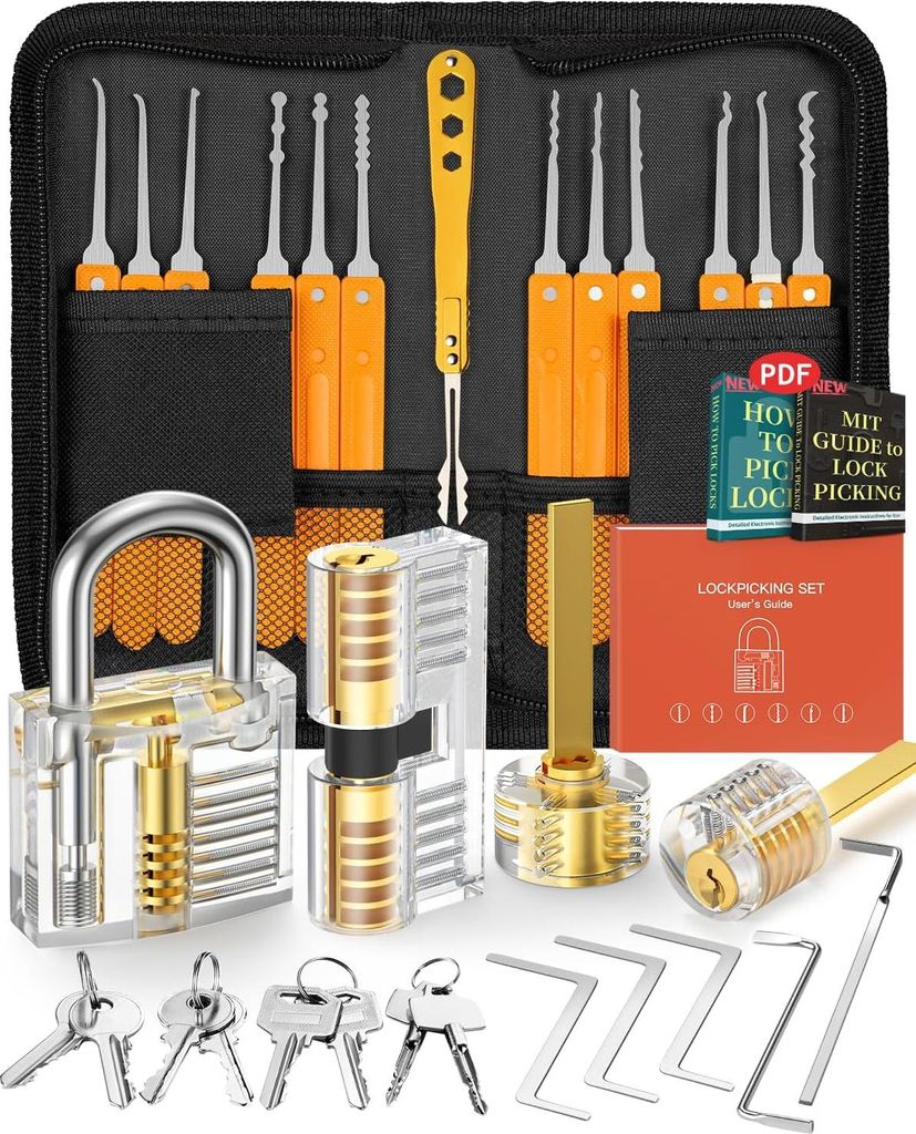32-teiliges Lock Pick Set mit 4 transparenten Trainingsschlössern - manuell und mit Reißverschluss - für Anfänger und Schlossertraining - Orange