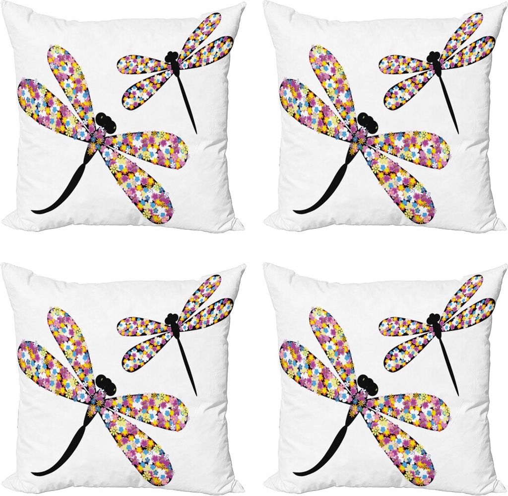 ABAKUHAUS Modern Kissenbezug Set (4 Stück), Libellen Schwarz Körper, Moderner Doppelseitiger Digitaldruck, 40 cm x 40 cm, Mehrfarbig
