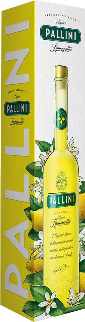 A bottle of Pallini Limoncello with its packaging, surrounded by lemons and flowers.