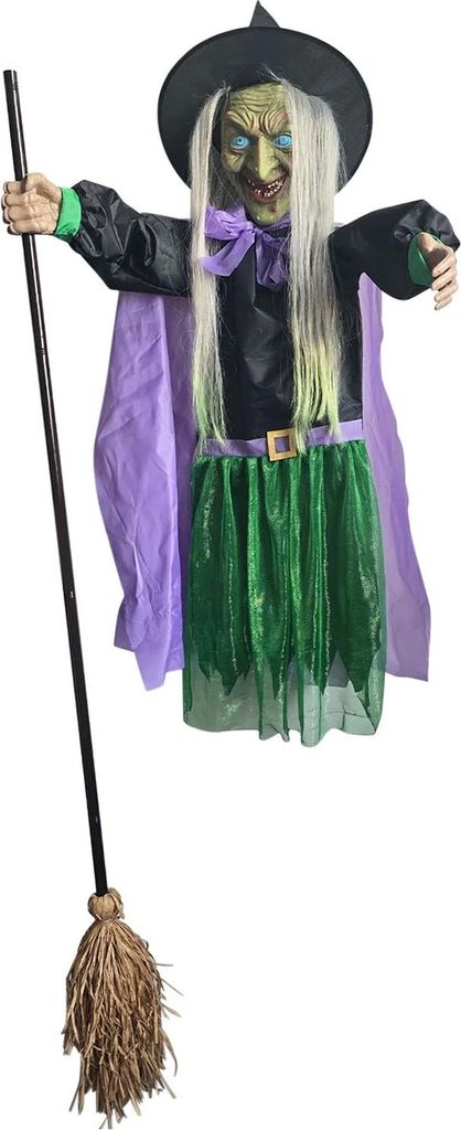 6 FT Halloween Flying Witch Decor Animierte schwebende Hexe mit gruseligem Sound und leuchtenden Augen für die Dekoration von Garten, Hof und Rase...