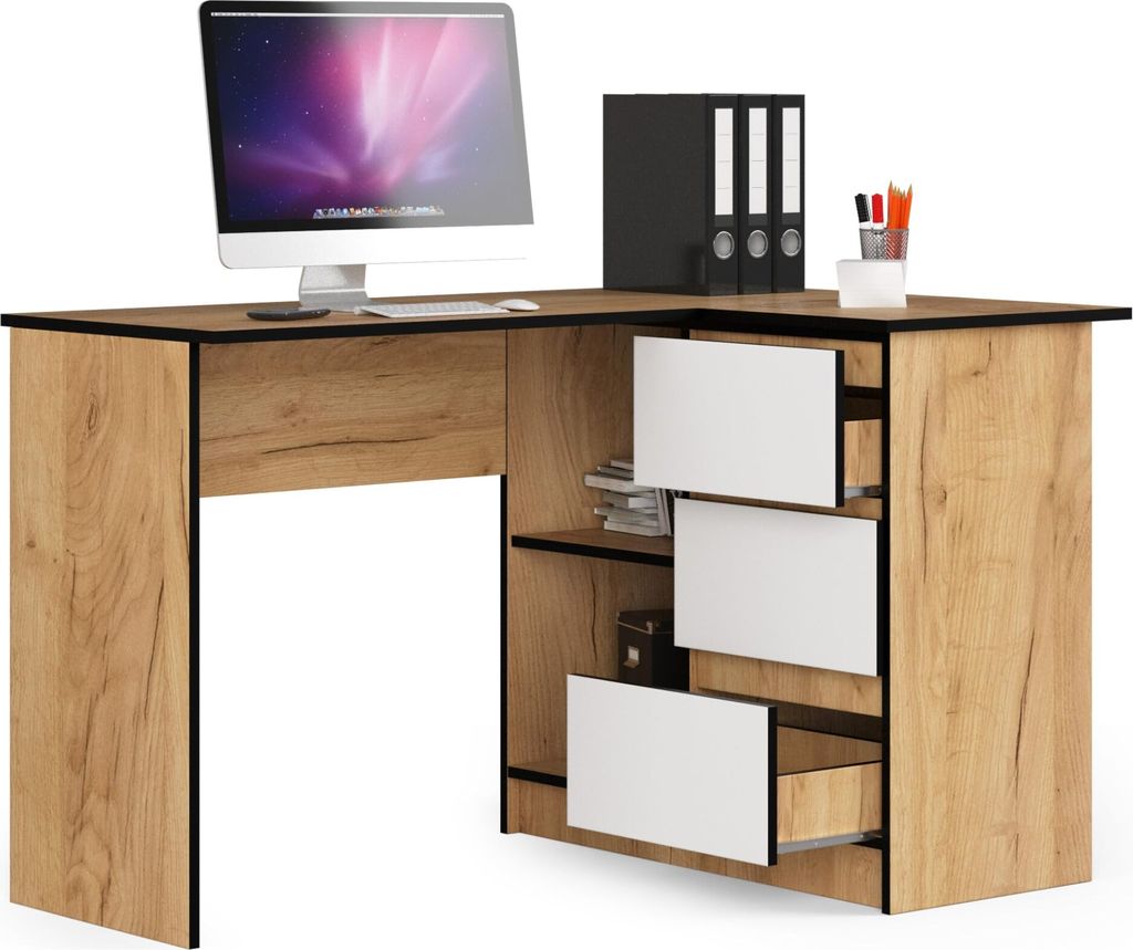 BDW, Eckschreibtisch rechts, 3 Schubladen, 4 Regale, Eiche craft / weiß rechts