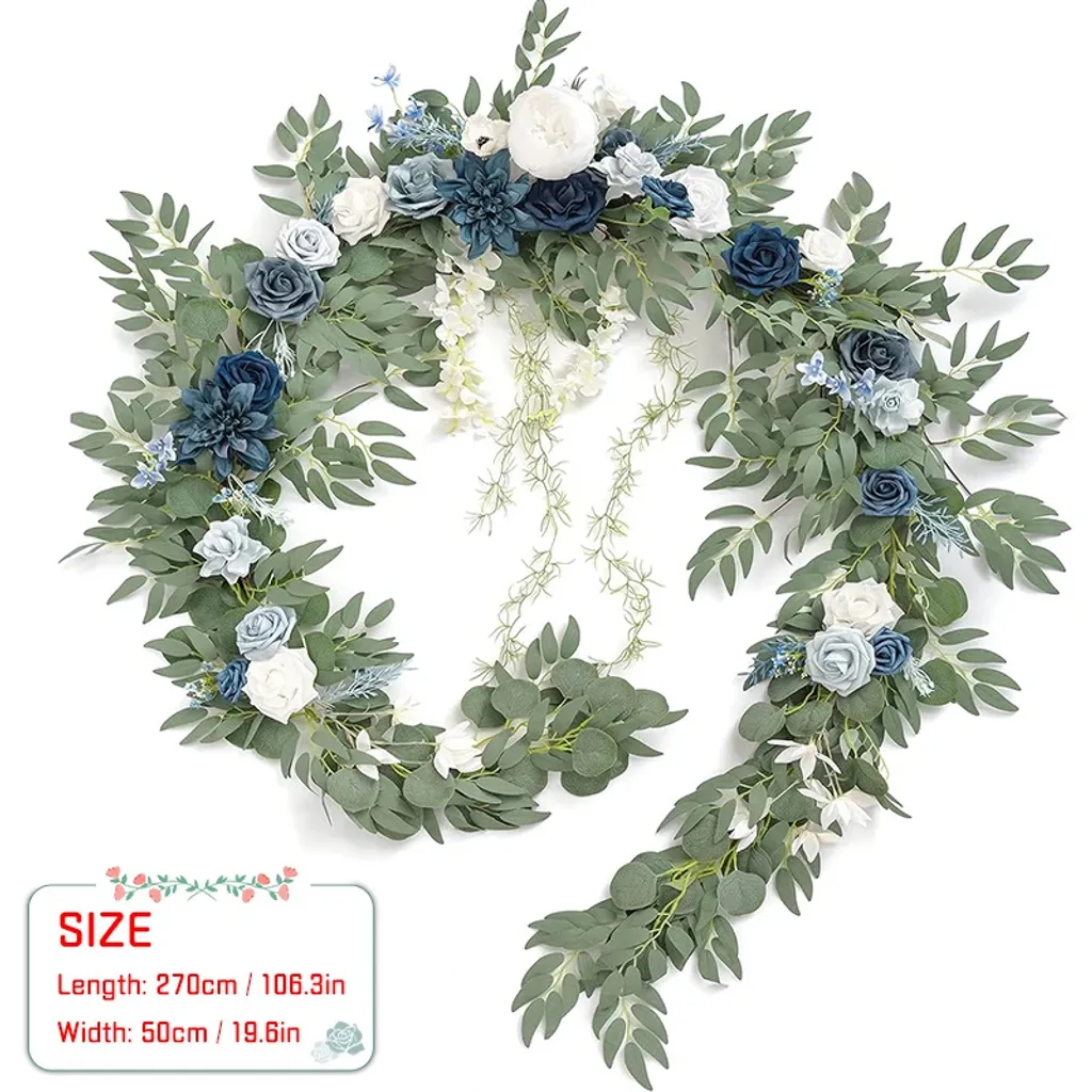 Guirlande eucalyptus soie 270cm bleu poussière - Aspect naturel premium