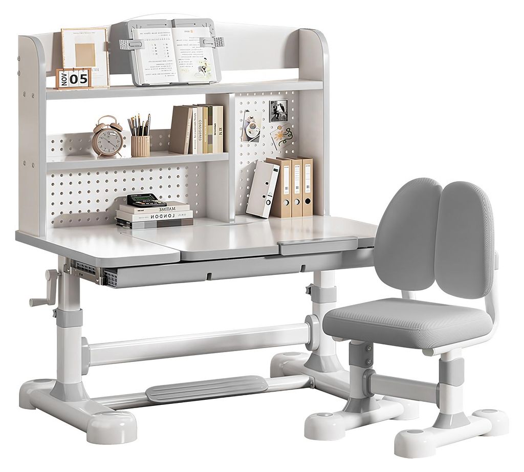 Schreibtisch- und Stuhlset für Kinder, höhenverstellbarer, ergonomischer Lerntisch mit neigbarer Tischplatte, großer Schublade, Bücherregal, Ha...
