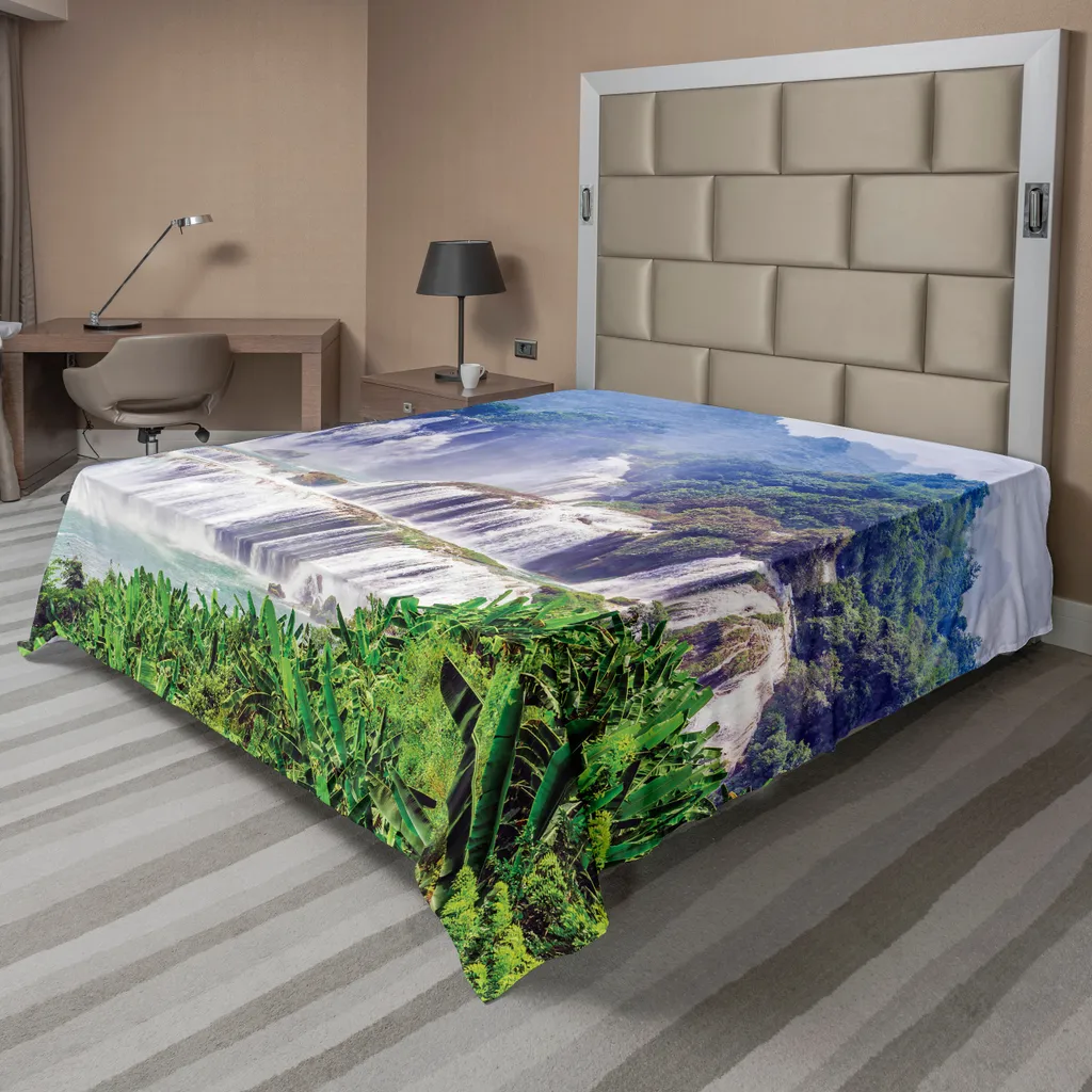Drap plat pour lit double ambiance zen cascade et forêt tropicale vert