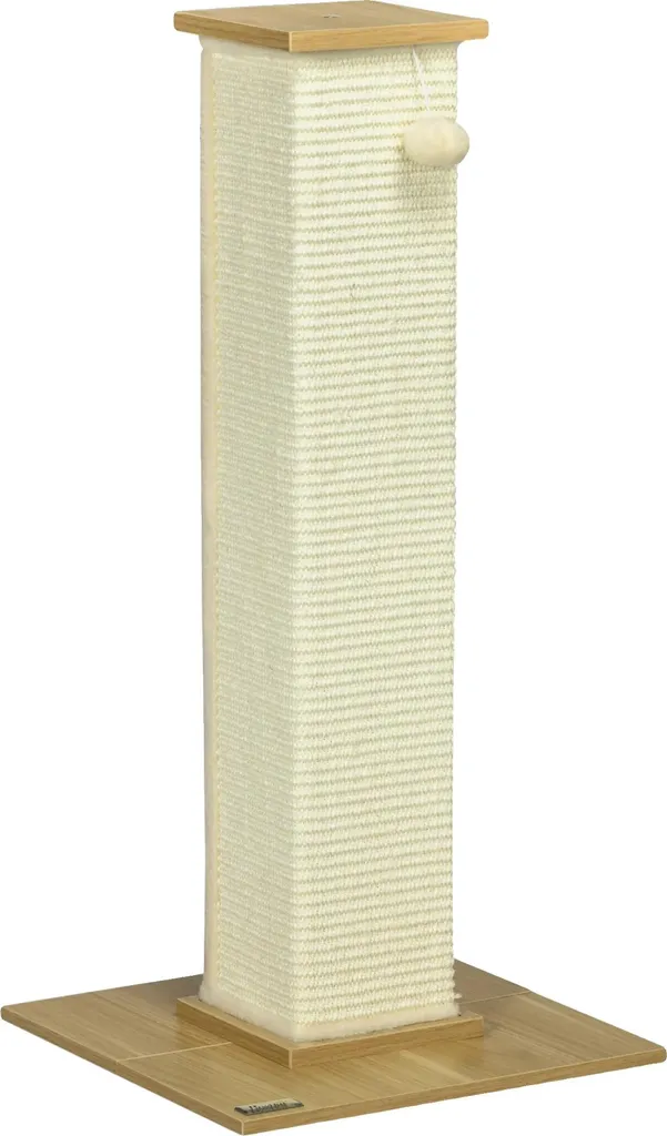 Graffiatoio per gatti, materiale in truciolato, superficie in sisal, pallina appesa, rovere e crema, 38x38x80 cm