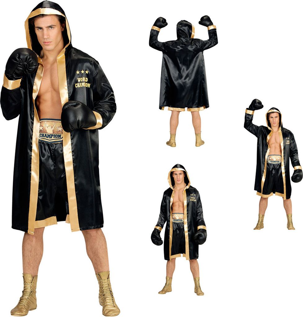Multiple views of a male boxer costume.