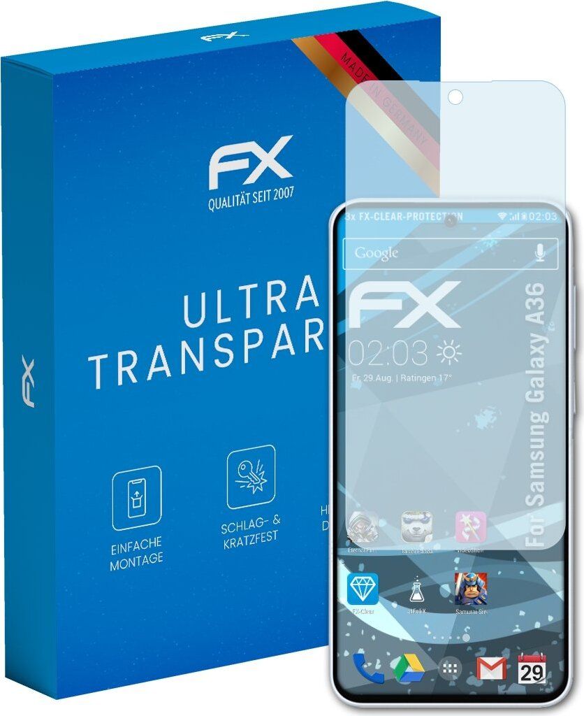 atFoliX FX-Clear 3x Schutzfolie kompatibel mit Samsung Galaxy A36 Displayschutzfolie