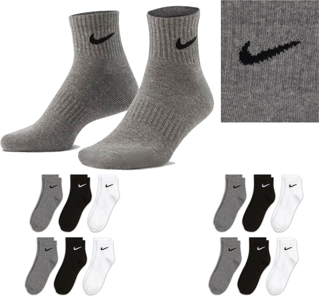 Nike SX7677 Socken Damen Herren Kurz Sportsocken Sparset - Größe: 38-42 - Farbe: 4 Paar weiss - 4 Paar grau – 4 Paar schwarz