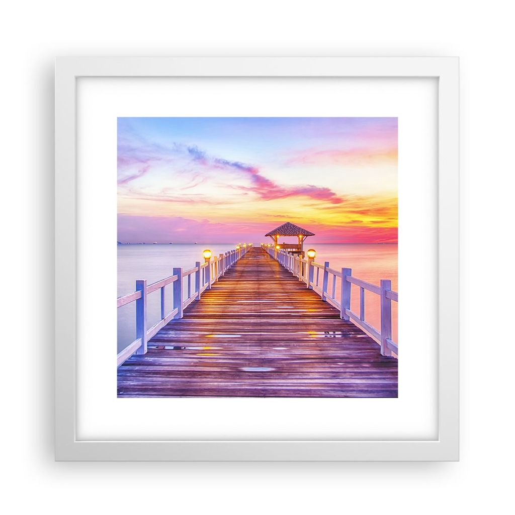 Gerahmtes Poster - Weißer Rahmen - Sonnenuntergang Wasser Brücke Horizont - 30x30 cm - Wand Bild - Wanddeko - Wandbilder - Wandposter - Bilderrah...