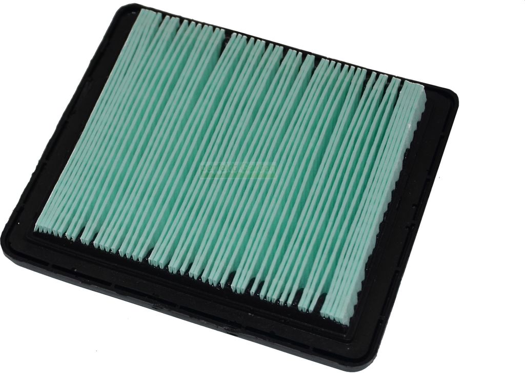 A close-up, top-down view of a new air filter with a black frame and light green filter material.