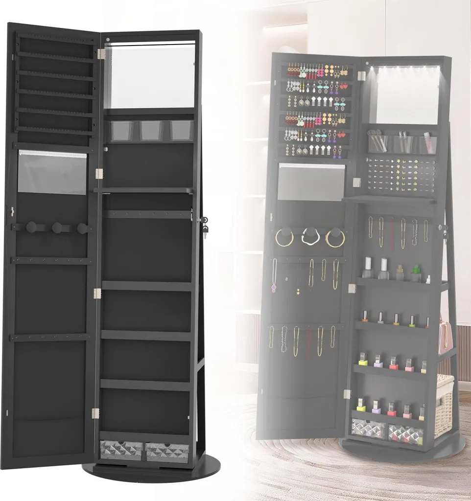 Armoire Bijoux Sécurisée pour Éviter les Nœuds avec Miroir LED Noir