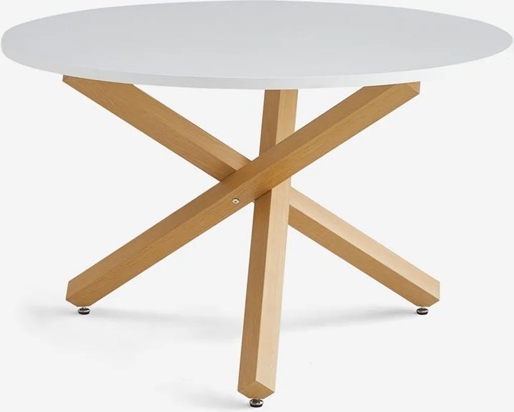Table de repas blanche ronde 120 cm avec piètement croisé Rimu robuste