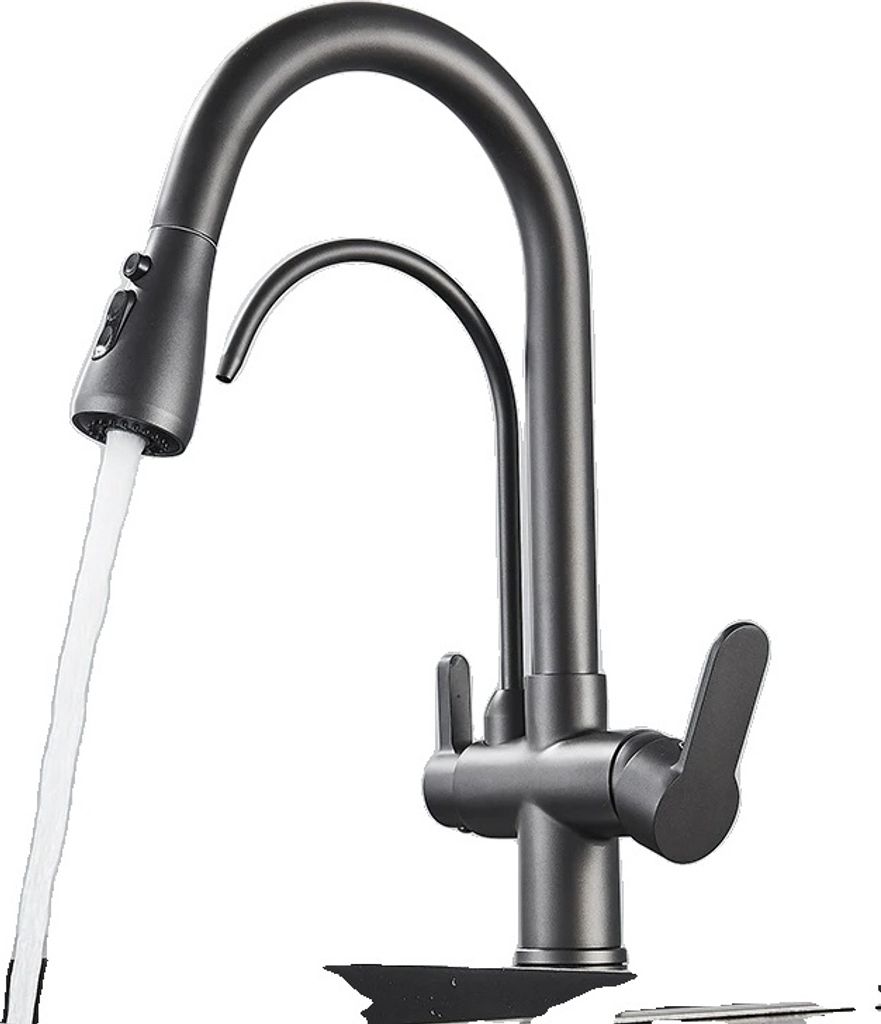 Gefilterter Wasser Küchenarmatur, Doppelgriff-Design, Ausziehbare Sprühfunktion, Waffen-Grau