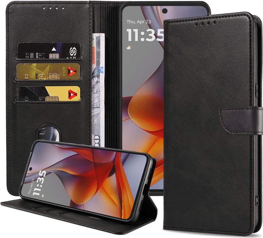 Geeignet für Motorola Moto G75 Handytasche Kunstleder mit Magnetlippe und Kartenhalter Buchhülle mit Klappe - Wallet Case mit Kartenfach - Schwar...