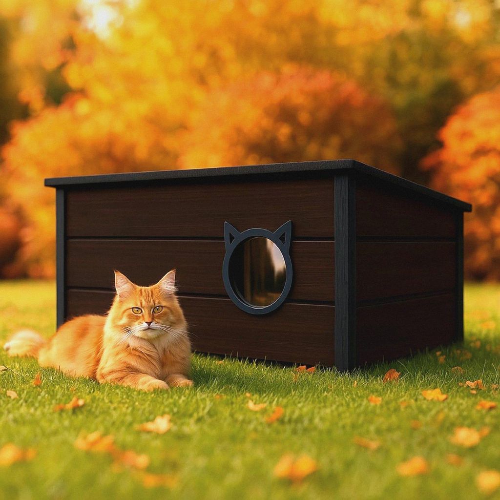 Großes isoliertes Katzenhaus aus Kiefernholz mit Bitumendach – 73,5 × 52,5 × 38 cm – wetterfest, warm & geräumig – für 2 Katzen, inkl. V...