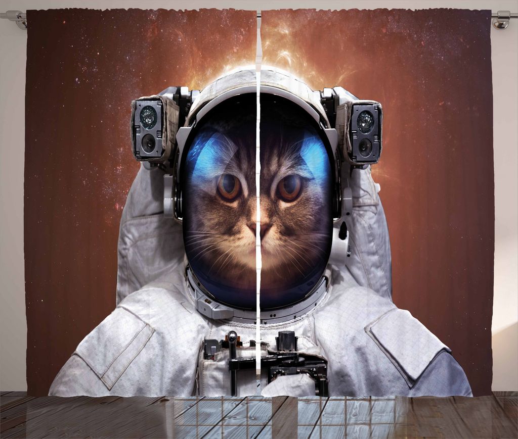 ABAKUHAUS Raum-Katze Rustikaler Vorhang, Kitten in Milkyway, Wohnzimmer Universalband Gardinen mit Schlaufen und Haken, 280 x 175 cm, Weiß und Bla...