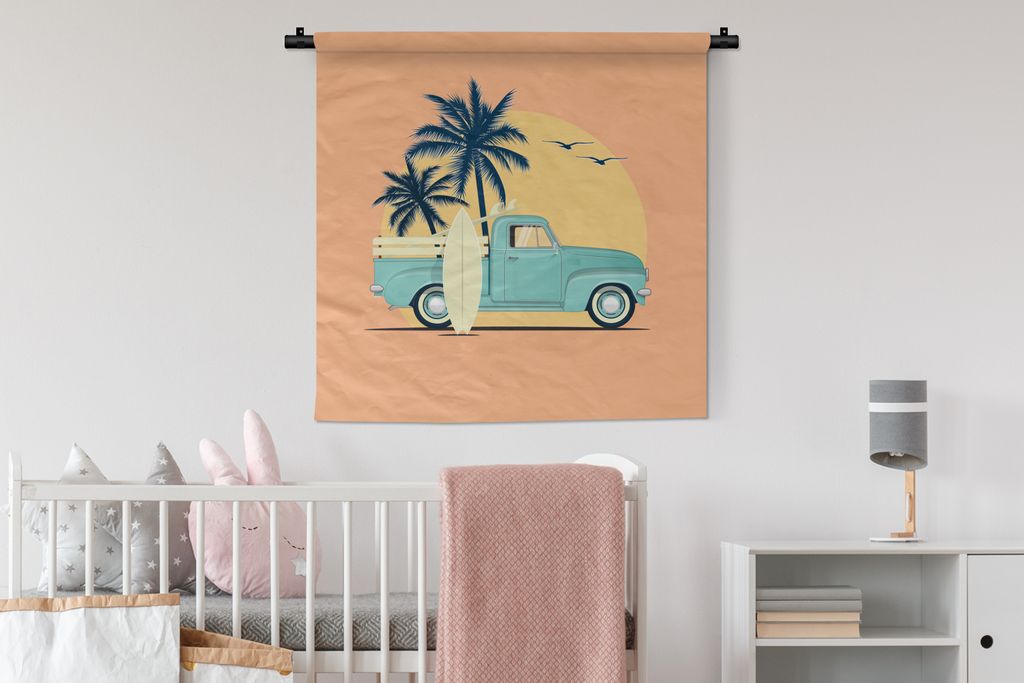 MuchoWow Wandteppich Wandbehang Auto - Surfbrett - Palme - Pastell 90x90 cm Tapisserie Dekoration Wandtuch - Wandaufhänger