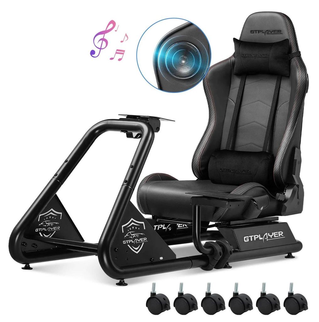 Rennsimulator Cockpit - GTS03 Gaming Stuhl - Verstellbarer Rennsitz - Lenkrad- und Pedalhalterung - Integrierte Lautsprecher - Klappbar mit Rollen ...