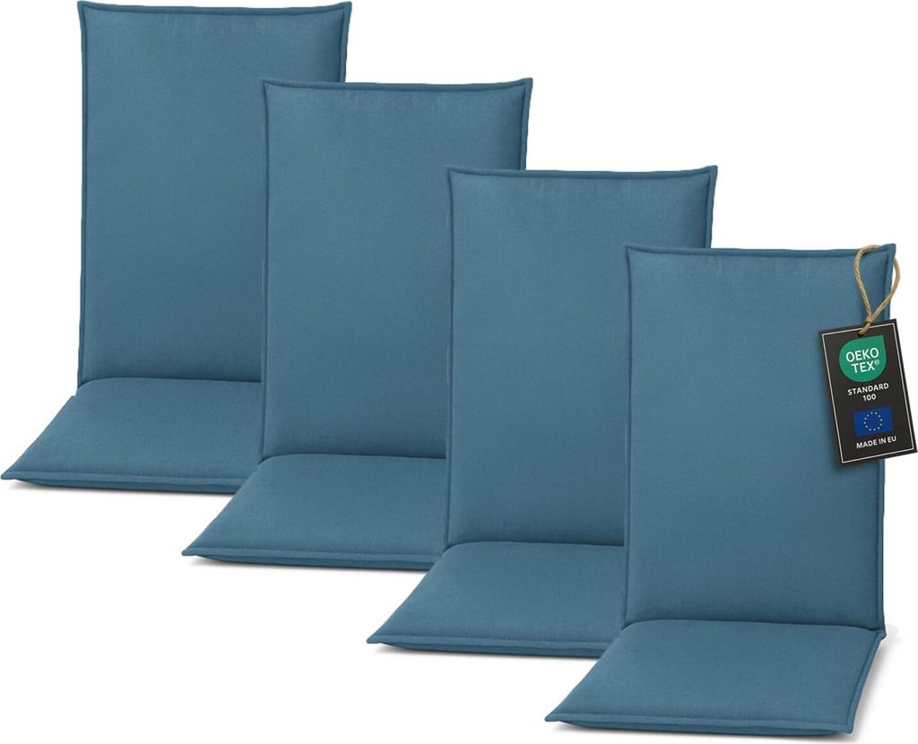 Four turquoise chair cushions are arranged diagonally on a white background.