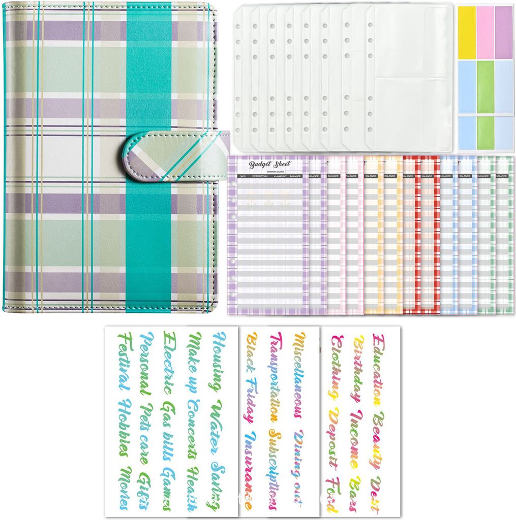 Notizbuch, A6, Broschüre, Budgetordner, Geld-Organizer, karierter Druck, Reißverschluss, Kunstleder, rostfreier Bargeldsparordner, Ausgabenbudget...
