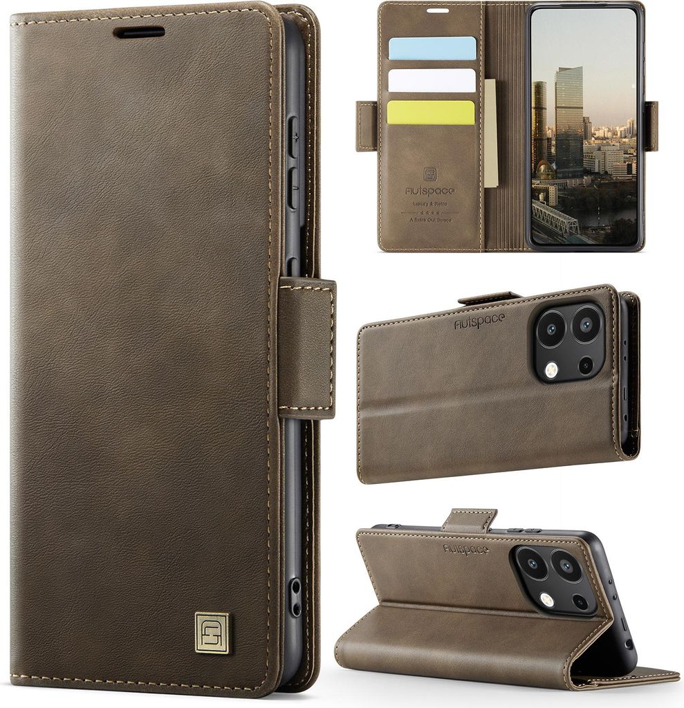 Lederhülle für Xiaomi Poco M6 Pro 4G/Redmi Note 13 Pro 4G, RFID Schutz Handyhülle mit Magnetverschluss, Kartenfächern und Ständer Braun