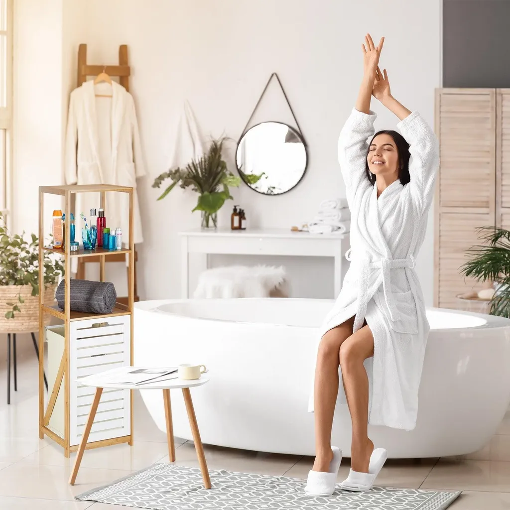 Meuble de rangement salle de bain 2-en-1 avec corbeille à linge amovible
