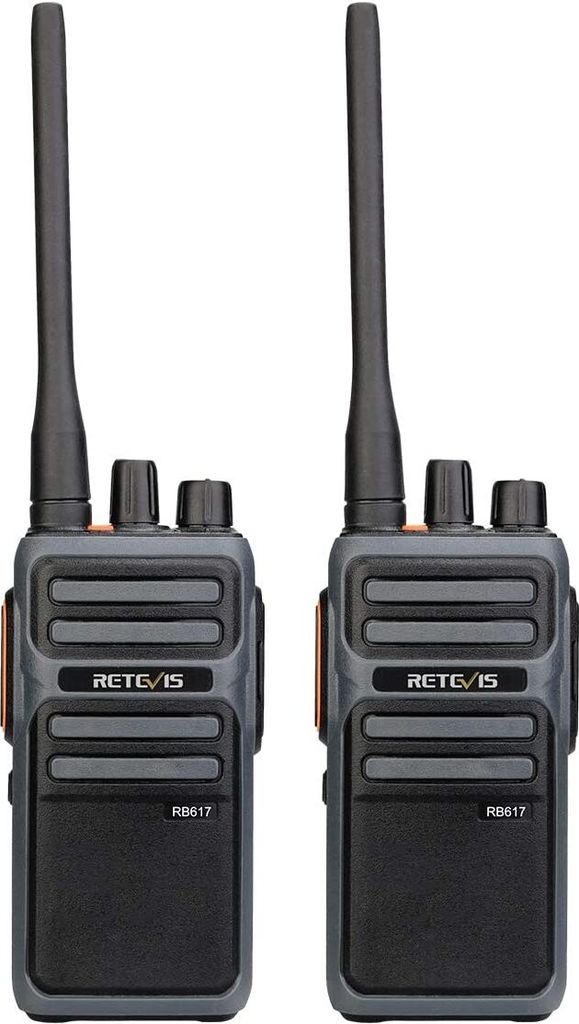 Two Retevis RB617 walkie-talkies are shown against a white background.