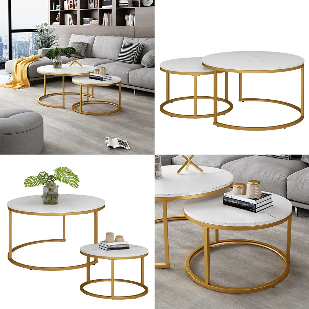 Tavolino da Divano Vicco Montreal Salvaspazio | Set 2 Pezzi Bianco Oro - 8