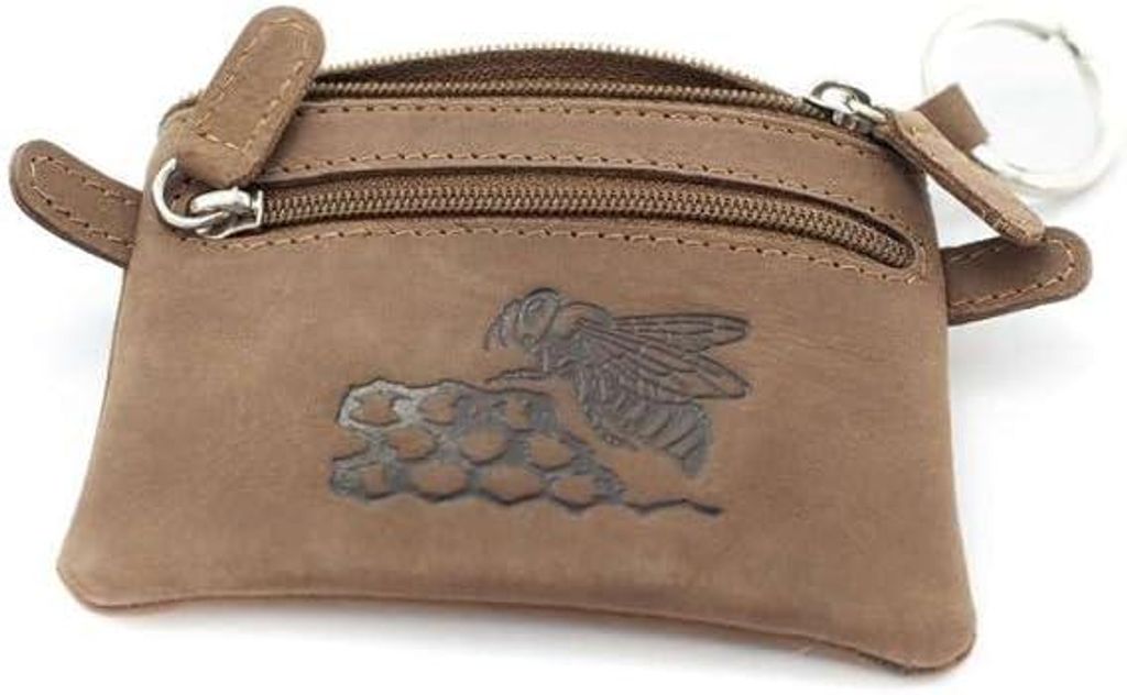 4Bee Leder Schlüsseletui Mit Bienenmotiv – Schlüsselanhänger Aus Leder – Drei Reißverschlusstaschen – Kompaktes Format 10,5×7,5 cm – B...