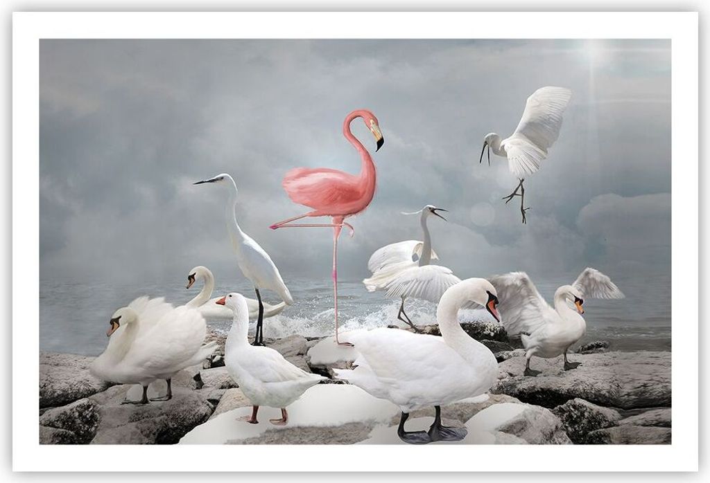Poster - Poster ohne Rahmen - Flamingo Schwan Fantasie - 91,5x61 cm - Wand Bild - Wanddeko - Wandbilder - Kunstposter - Wandposter - Bilder - Kunst...
