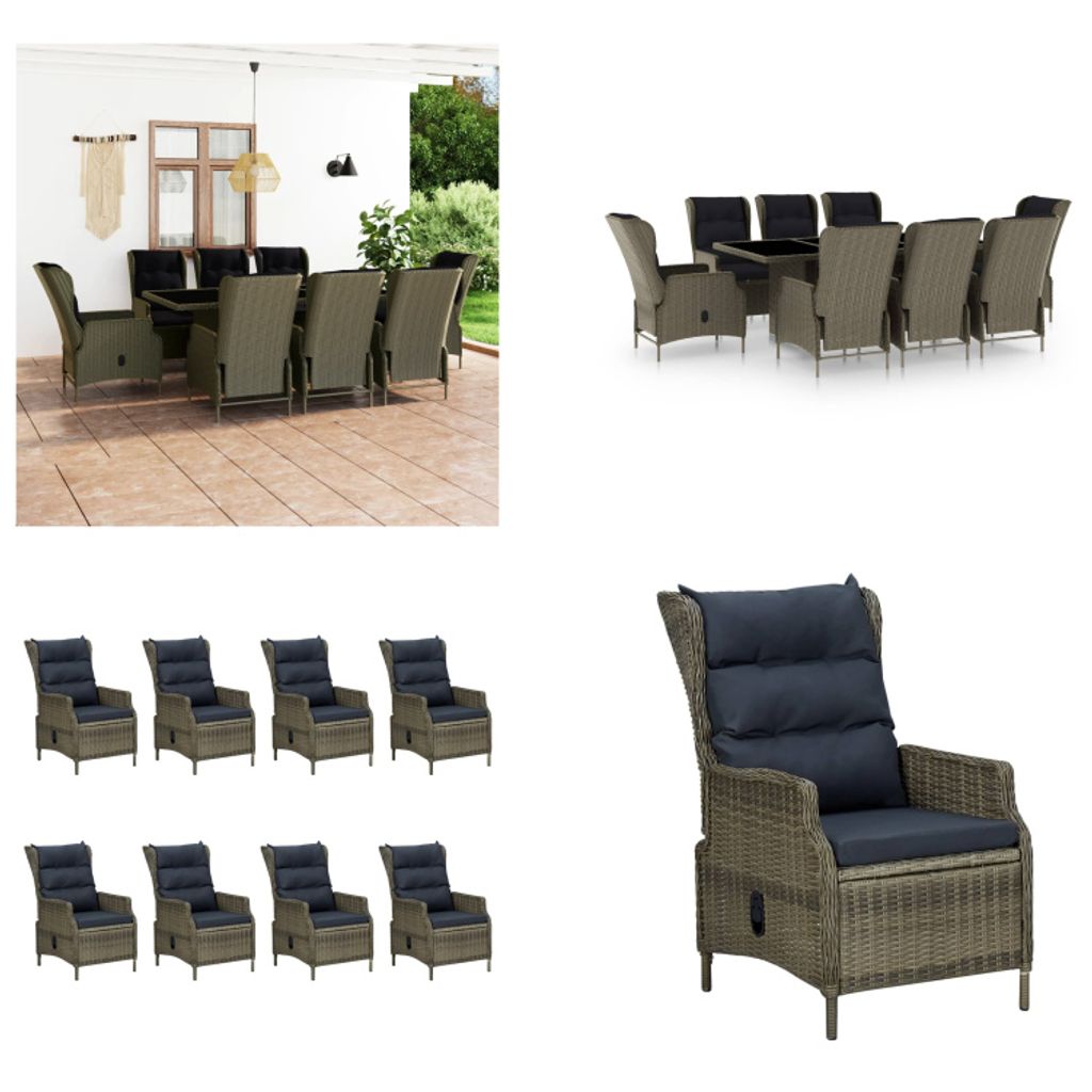 vidaXL 9 tlg. Garten Essgruppe mit Auflagen Poly Rattan Braun - Gartenmöbel-Set - Gartenmöbel-Sets - Gartentisch Und Stuhl - Gartentische Und St...