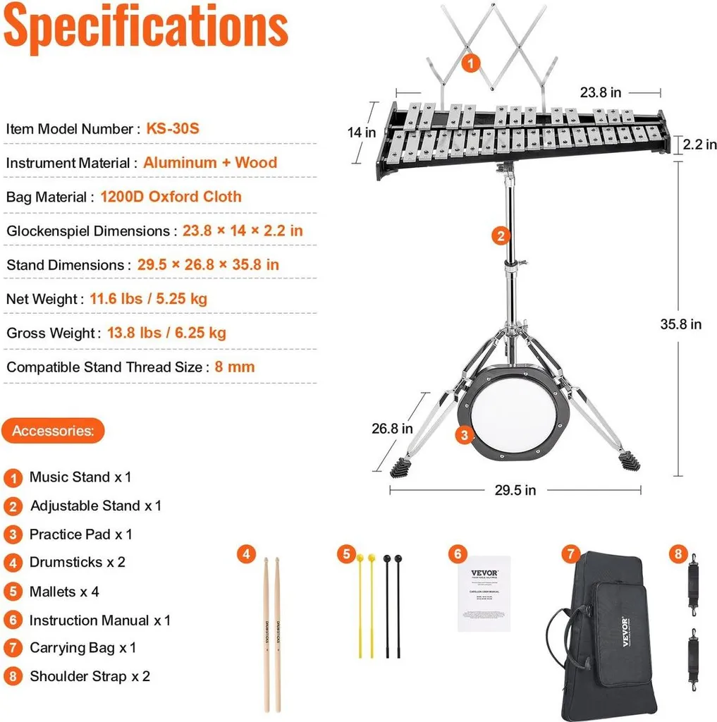 Glockenspiel 30 Notes Kit complet avec support, maillets et pad d'entraînement